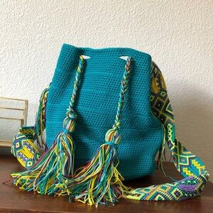 Handcrafted Teal Crochet Bag with Multicolor Strap